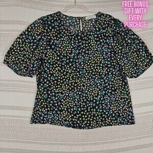 Elodie Black Floral Puff Sleeve Blouse Mini Print Size XL NEW